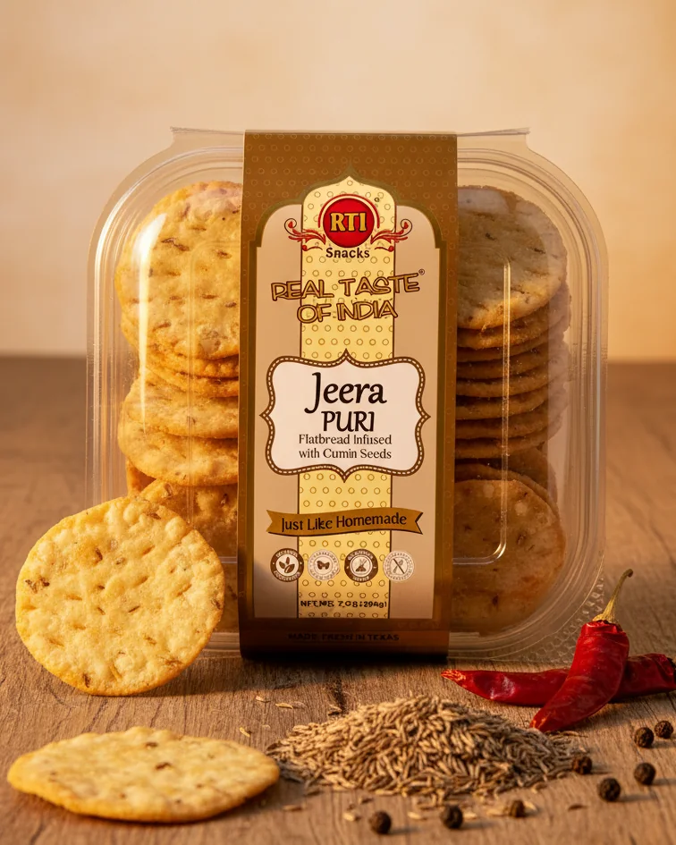 RTI Jeera Puri beside whole cumin, dried chilies and black pepper