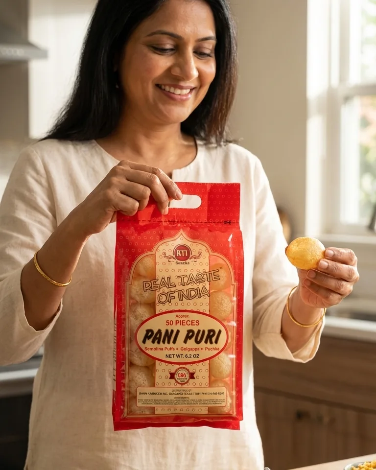 Woman in a home kitchen holding an RTI Pani Puri bag and a filled shell