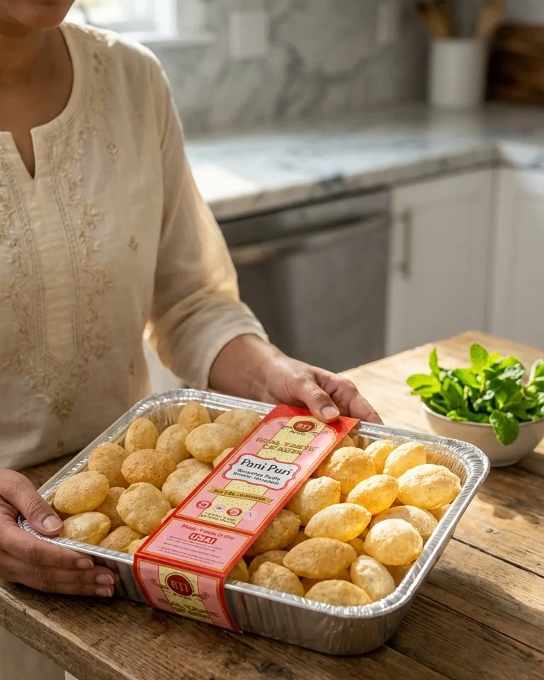 Woman holding an RTI Pani Puri party tray with fresh mint