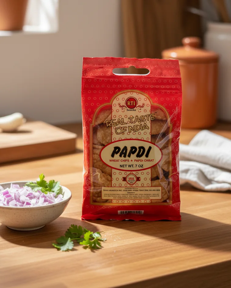 RTI Papdi bag on a kitchen counter with chopped onion and cilantro
