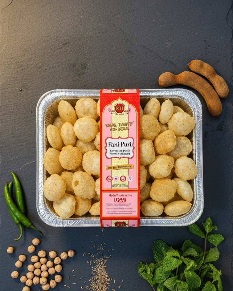 RTI Pani Puri tray with green chilies, chickpeas, cumin and mint on slate