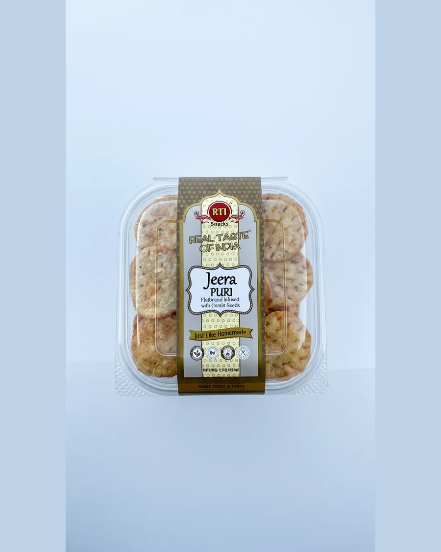 RTI Jeera Puri container, crisp flatbread rounds with whole cumin seeds, 7 oz