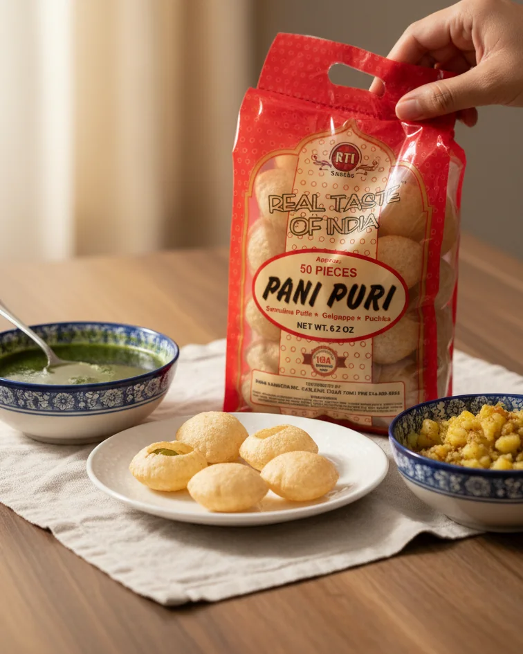 RTI Pani Puri bag on a table with green chutney and filled puris